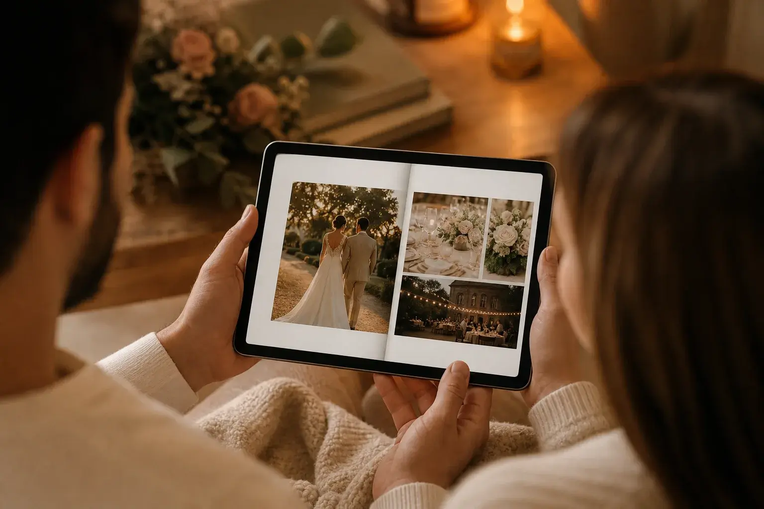 Çiftin tablette dijital hatıra kutusu içeriğini incelemesi