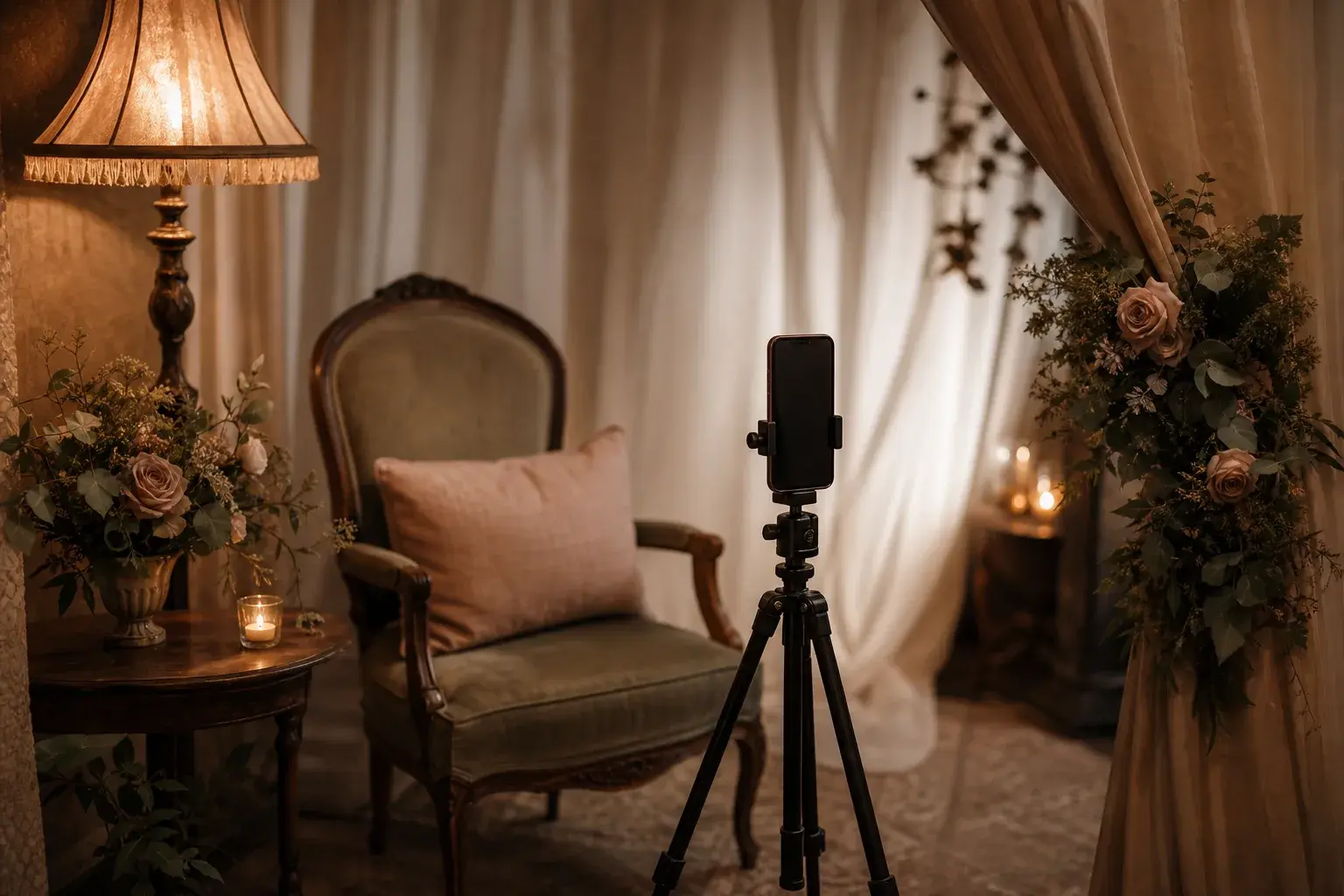 Sanal ve hibrit düğün için video mesaj kabini ve tripod kurulumu